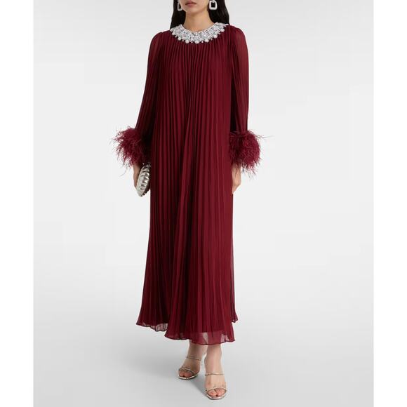 Self Portrait Red Embellished Feather-Trimmed Chiffon Maxi Dress US 4 - Picture 1 of 9